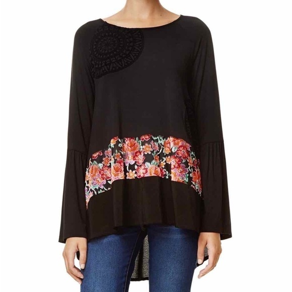 Desigual T-Shirt “Audrey” Floral Bell Sleeve Mandala High Low - Picture 1 of 12